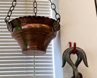 Copper Hanging Flower Basket, VTG Pulley 