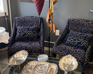 Post Modernist Funky Accent Chairs w/ Matching Pillows • Lucite & Glass Coffee Table • Silver 