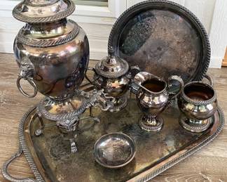 Regency Lions International Silver Co Coffee / Tea Urn plus Matching Tray, Cream & Sugar, Tray & extras!