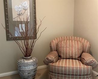 One of 2 overstuffed chairs and a great very heavy vase