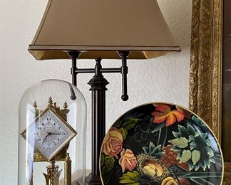 Kieninger & Obergfell (Kundo) 400-day clock with "diamond" face, made in West Germany ca. 1950. Table Lamp, Handpainted Plate 