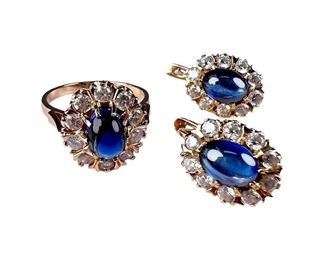 14kt Rose Gold Blue Clear Glass Ring and Earrings Set