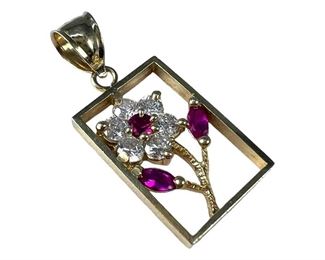14kt Yellow Gold Flower Frame Pendant with Synthetic Rubies and CZs