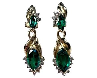 14kt Yellow Gold Imitation Emerald and Diamond Drop Earrings