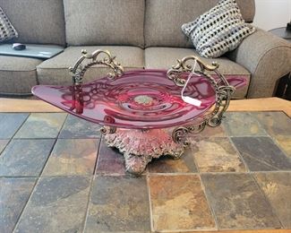 Antique Red Murano Glass Centerpiece Bronze Metal Base.