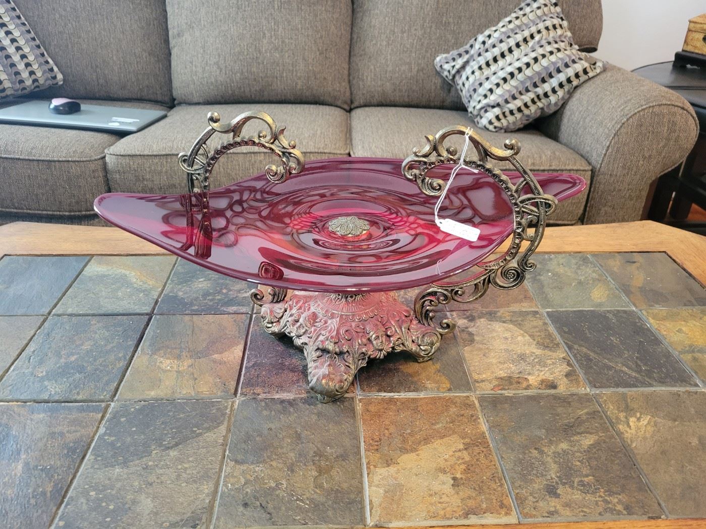 Antique Red Murano Glass Centerpiece Bronze Metal Base.