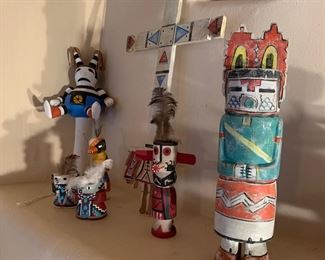 Vintage kachinas and Hopi rattle