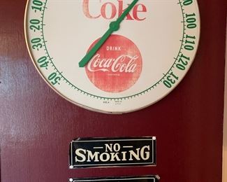 Vintage Coca Cola thermometer and metal signs