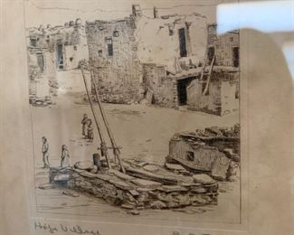 H. Fortier 'Hopi Village' etching, ca 1900