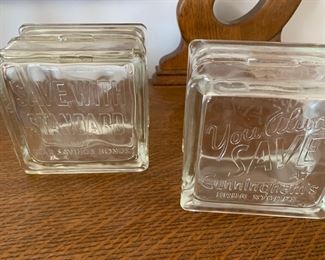 Vintage War Bonds and pharmacy glass block banks