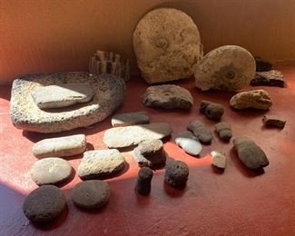 Fossils, metates and grinders and other stone tools