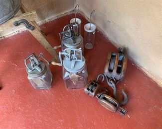 Antique pulleys and mayonnaise jars