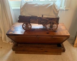 Small antique dough bin and model covered wagon