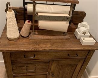 Vintage chest, paper cutters, string holders