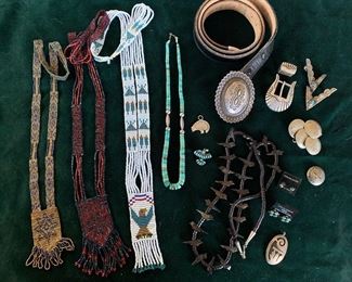 Sterling belt buckle, unsigned, Hopi overlay, turquoise and bead jewelry