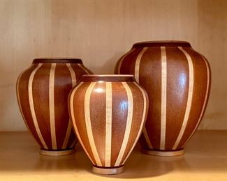 (3) Hand Carved Vases, Signed