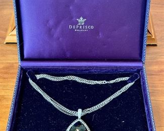 Deprisco 18K White Gold Smokey Quartz Pendant Surrounded by White, Cognac, & Black Diamond Necklace