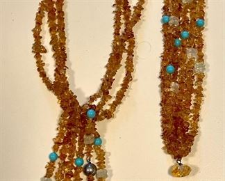 Stone & Pearl Necklace with Matching Bracelet