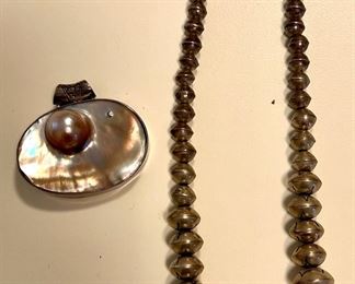 Blister Pearl Pendant & Navajo Sterling Beaded Necklace
