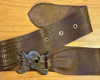 Ugo Cacciatori Skull Foliage Wide Sterling Silver an Leather Belt