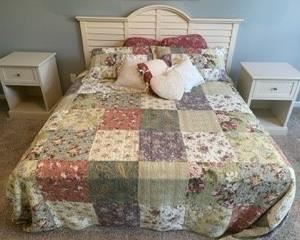 All sold separately, King pillow top mattress, king wooden base box mattress support.  King head board ( mounts into wall) ,king reversible quilt coverlet, new king bed sheets in package, king foam mattress pad, king mattress cover.  End tables.  