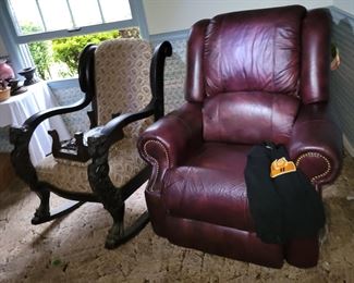 Vintage/Antique rocker w/ detailed carving. Leather La-z-boy recliner.