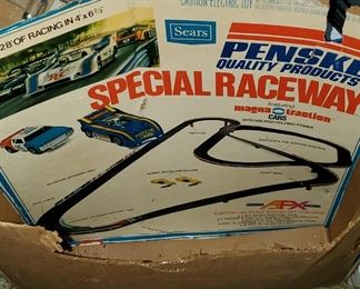 Aurora AFX Racing Track, Accessories and cars, inc. Sears Penske pieces