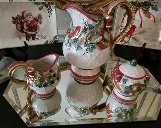 Fitz and Floyd Omnibus holiday pitcher, creamer, sugar