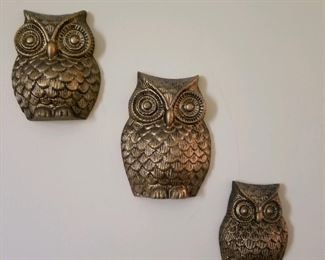 Brass owl wall plaques - set of 3