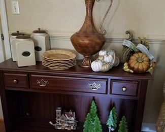 Console table, canisters, decor