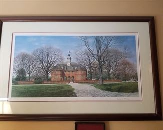 Large framed print of  colonial Williamsburg capitol building, signed