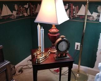 End table, clock, lamps