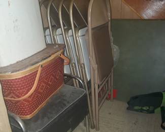 (4) matching vintage folding chairs/chrome seat/picnic basket