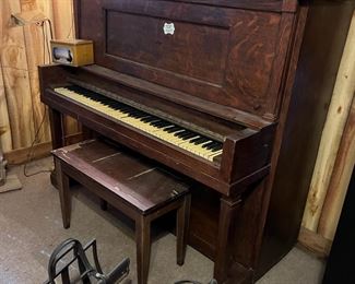 Antique tiger oak upright piano & bench