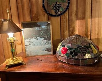 Brass railroad lamp and a leaded glass lamp shade