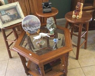 Knickknacks, 3 Small Stools Glass Top Side Table