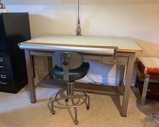 Old school architect, drawing table and bench. 