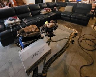 Sectional=92" at long end, 48" at short end. 2 recliners. 8 pcs total. $550.00. Coffee table, brass & glass-$100.00