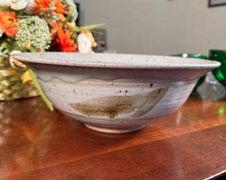 Multi-color glazed pottery vegetable bowl, signed 5"H x 12"W