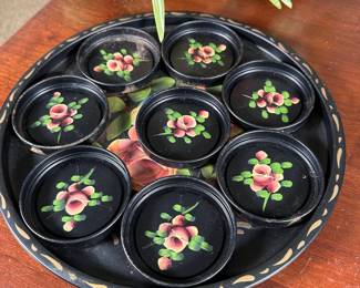 Nashco Products hand-painted serving tray and coasters, shows some wear and oxidation 11"W