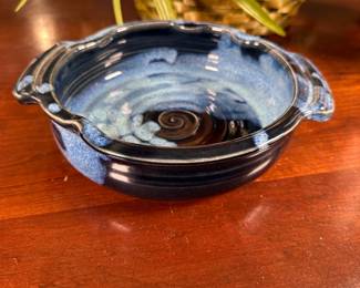 Blue glazed artisan made pottery dish 2.5"H x 8"W, signed