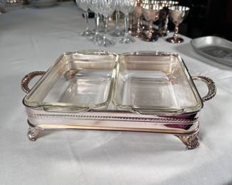 Silver plated double compartment server with Anchor Hocking 1 quart glass insert