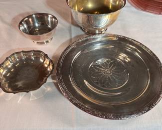 Group of silver plated serving pieces, bowl has most wear, platter is 10"W