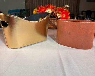 Two organizing bins, vinyl, one is vintage, gold is 11"W