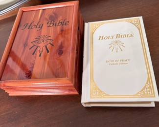 Holy Bible Dove of Peace in wooden keeper box, inscribed from the Knights of Columbus