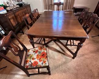 Dining table with 6 chairs, vintage floral print, some wear to top, leaf inserted 70"L x 46"W