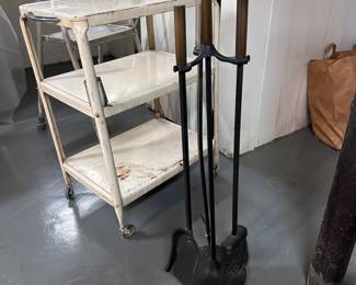 Vintage metal fireplace tools and stand, some wear to brush