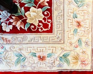 94” x 128” carved Aubusson 100% wool hand knotted rug in excellent condition