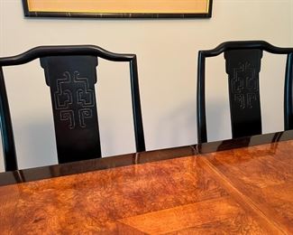 Very nice Century Furniture Chin Hua by Raymond Sobota Asian Chinoiserie dining table with four side chairs, two captains chairs, two leaves & full table pads.  46”W x 76”L and expands to 112”L with the 2 - 18” leaves
