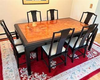 Very nice Century Furniture Chin Hua by Raymond Sobota Asian Chinoiserie dining table with four side chairs, two captains chairs, two leaves & full table pads.  46”W x 76”L and expands to 112”L with the 2 - 18” leaves